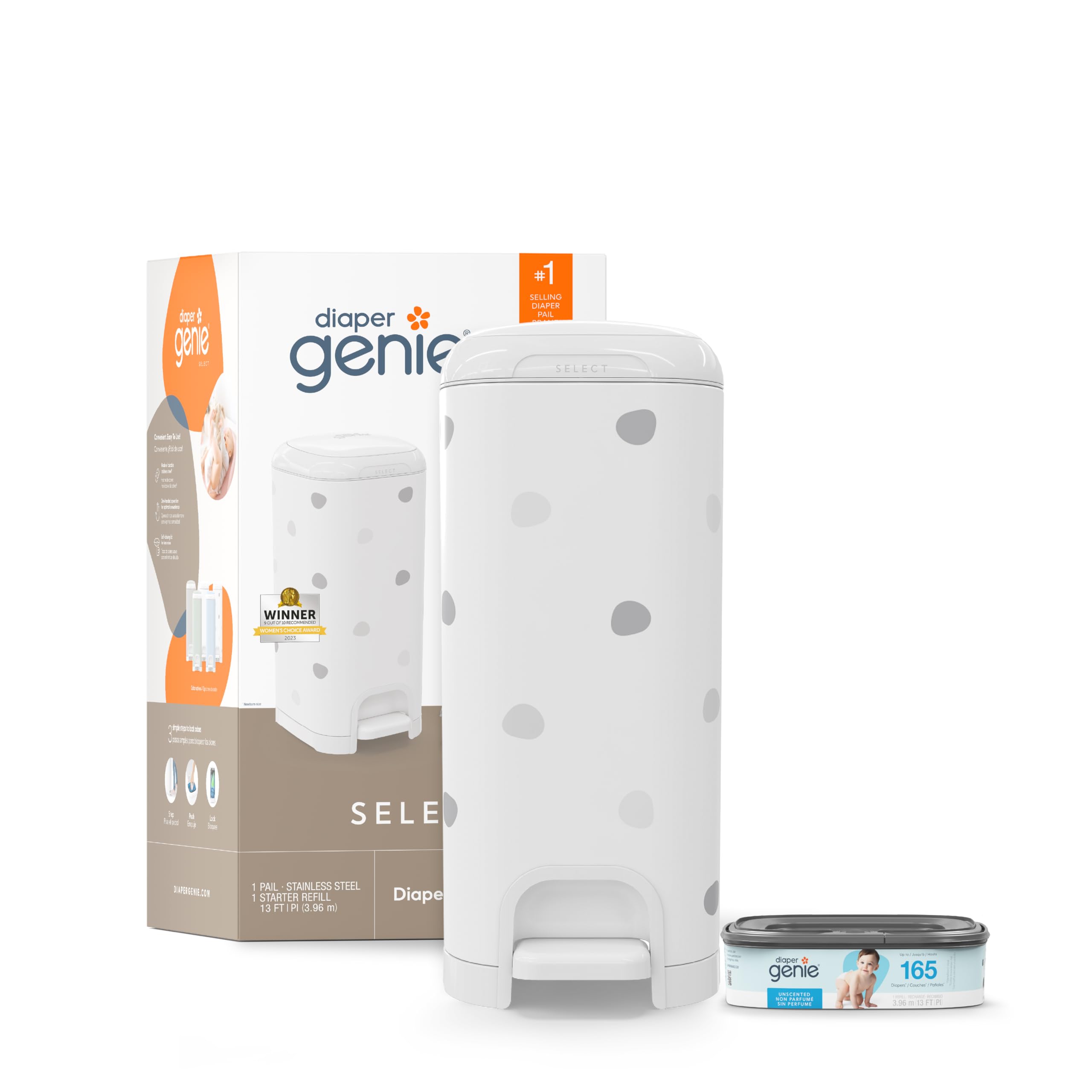 Photo 1 of Diaper Genie Select Pail (Polka Dot) is Made of Durable Stainless Steel and Includes 1 Starter Square Refill That can Hold up to 165 Newborn-Sized Diapers.