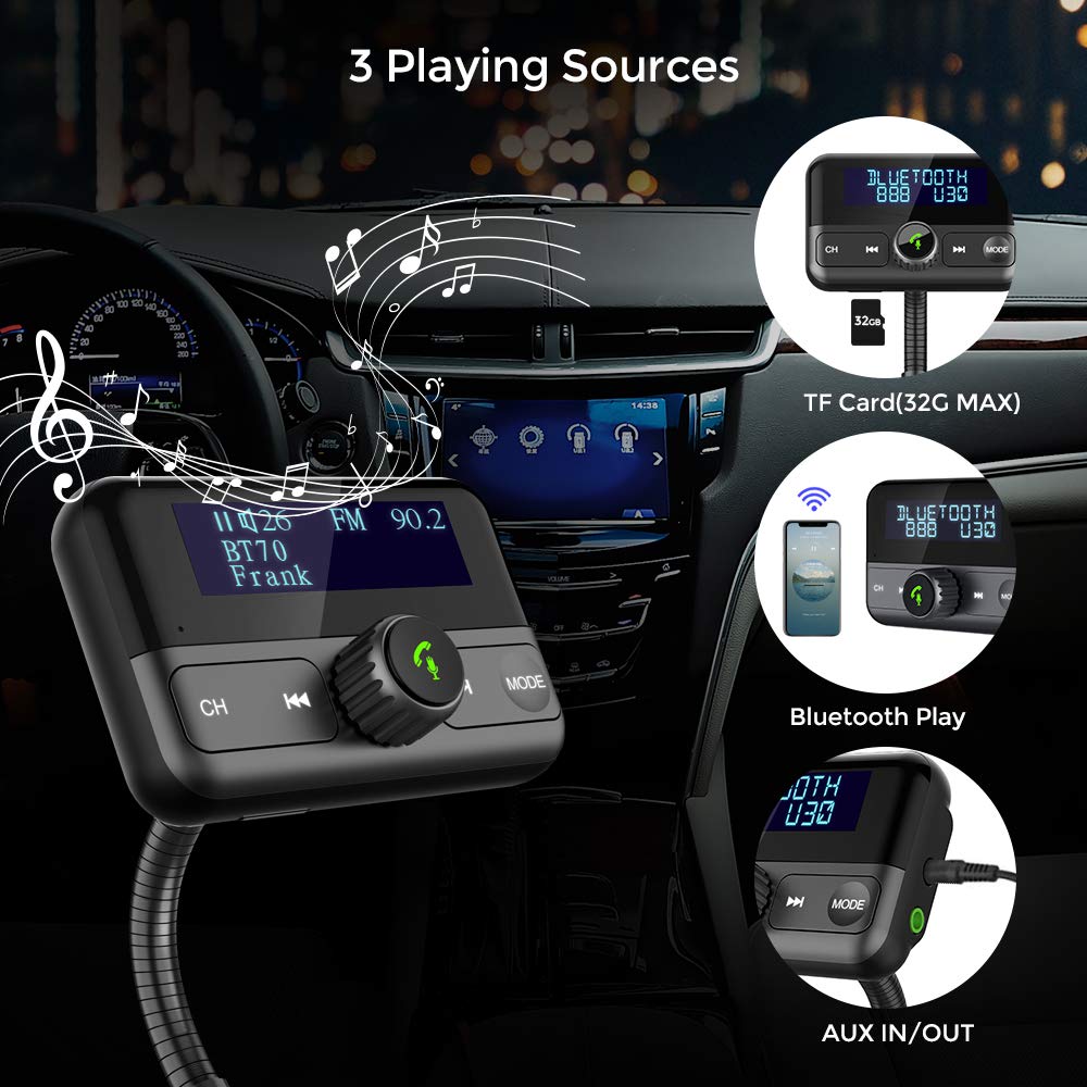 Bluetooth FM Transmitter for Car, Wireless Radio Adapter Hands-Free Car Kit with Independent Power On/Off Button and Large Display, Two USB Ports