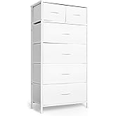 Mifuro Tall Dresser for Bedroom, Vertical Storage Organizer Tower with 6 Drawers, Chest of Drawers with Fabric Bins, Steel Frame, Wood Top for Bedroom, Closet, Entryway- White