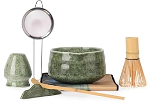 VONAHAST Japanese Matcha Whisk Set - 7-Piece Kit Bamboo Chasen, Ceramic Bowl with Spout, Stainless Steel Sifter & Holder Green
