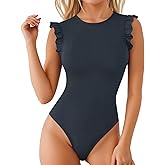 MANGOPOP Women's Body Suits Cute Crew Neck Ruffle Sleeveless Slim Fit Bodysuit Tank Tops Tight Casual Sexy