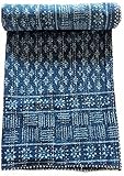 My Craft Palace Blue Indigo Queen Size Kantha Quilt Vintage Handmade Indigo Print Kantha Bedspread