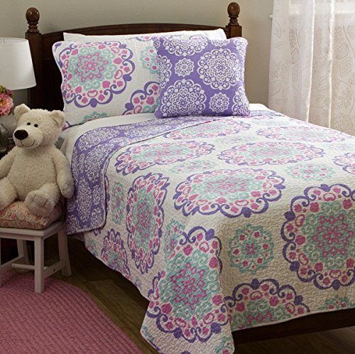 3 Piece Girls Medallion Quilt Twin Set, Cute All Over Flowers Mandala Motif Bedding, Multi Floral Heart Swirls Pattern, Bohemian Boho Chic Flower Themed, White Teal Blue Lavender Plum Violet Pink