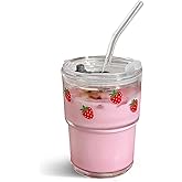 Olvini 13oz Glass Tumbler with Straw and Lid, Reusable Iced Coffee Cup Tumbler, Cute Glass Cups for Water, Matcha, Travel Coffee Mugs (Strawberry - 13oz)