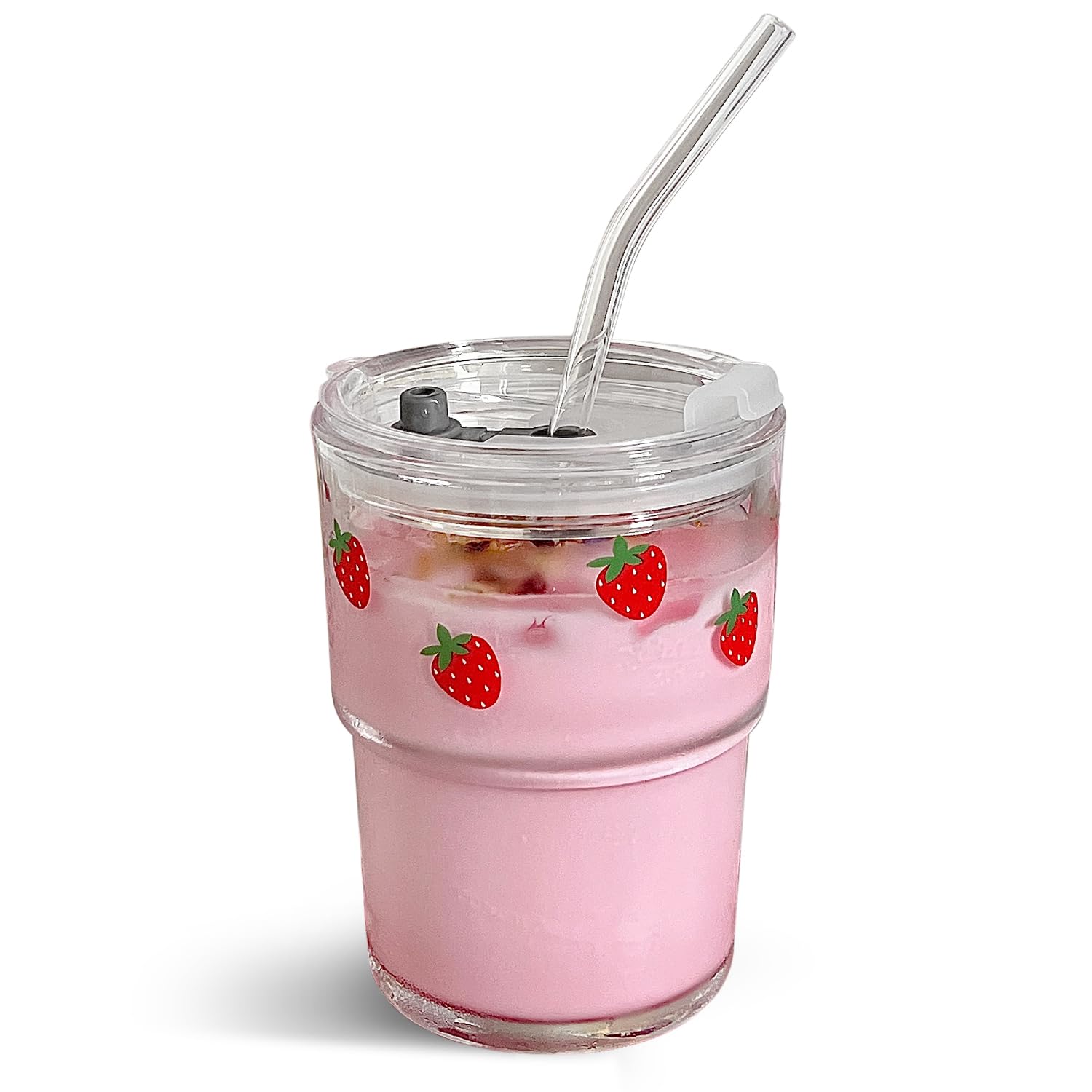 Photo 1 of ** MISSING RUBBER STOPPER FOR LID ** Olvini 13oz Glass Tumbler with Straw and Lid, Reusable Iced Coffee Cup Tumbler, Cute Glass Cups for Water, Matcha, Travel Coffee Mugs (Strawberry - 13oz)
