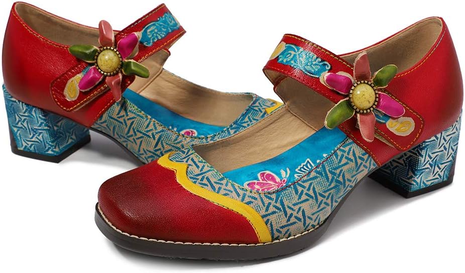 CrazycatZ Womens Leather Mary Jane Shoes Colorful Patchword Block Heel Pumps Vintage Mary Jane Shoes