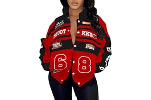 KANSOON Varsity Jacket Women Motorcycle Racer Detachable Letter Graphic Jackets Vintage Color Block Baseball Coat