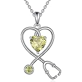 AINFQY Nurse Necklace for Women 925 Sterling Silver Stethoscope Pendant Necklace Heart Birthstone Jewelry Gift