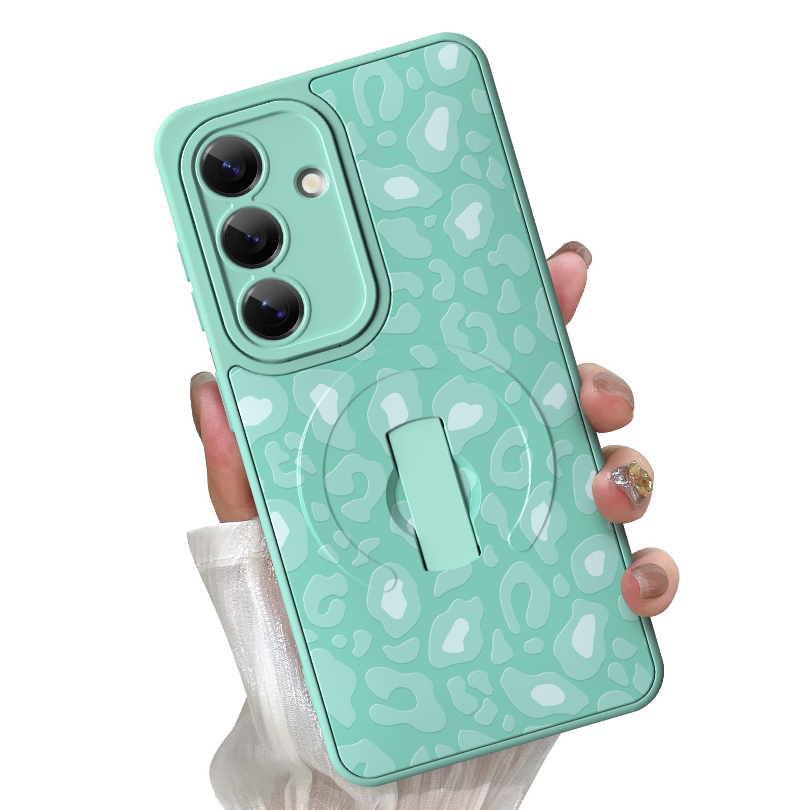 KANGHAR Galaxy S26 Case Green Leopard Print Pattern Compatible with Magsafe Cute Cheetah Wristband Stand Phone Magnetic Cover for Women Girls Men Compatible with Samsung S26 Image