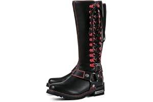 RIDERVIBE Motorcycle Boots for Women with Full Size Zipper & Lace Details, Black Motorcycle Riding Boots for Ladies with Heel, Classic Harness Design, Mid Calf