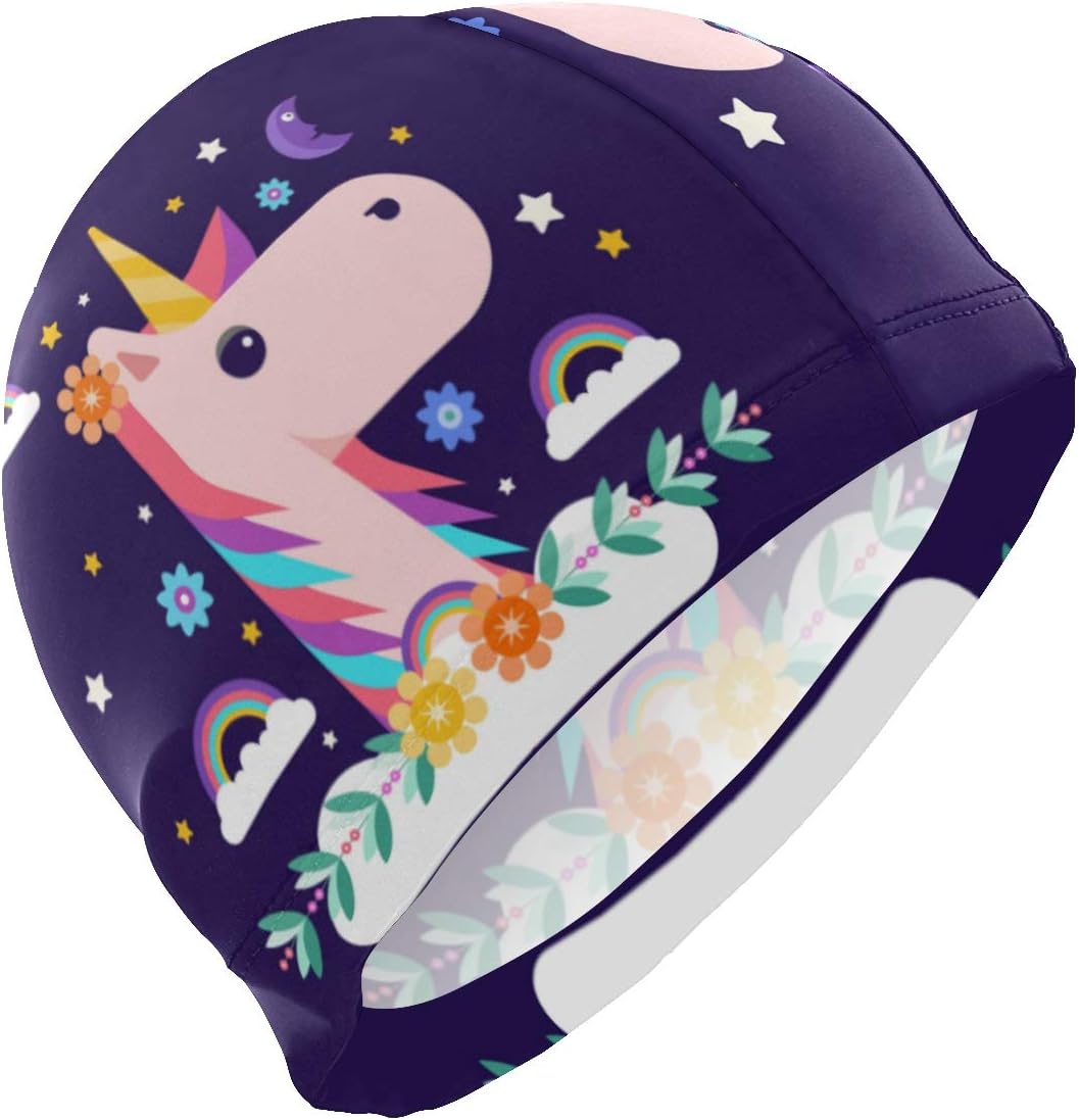 ALINLO Swim Caps Rainbow Unicorn Cartoon Magic Clouds Stars Moons Swimming Cap Hat Waterproof Bathing Shower Hair Cover for Adult Men Women Youth Girls Boys