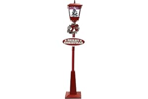 Fraser Hill Farm 71-in. Musical Snowy Christmas Street Lamp in Red with Christmas Tree Scene, Cascading Snow, and Music, Lighted Christmas Decoration for Living Room and Foyer