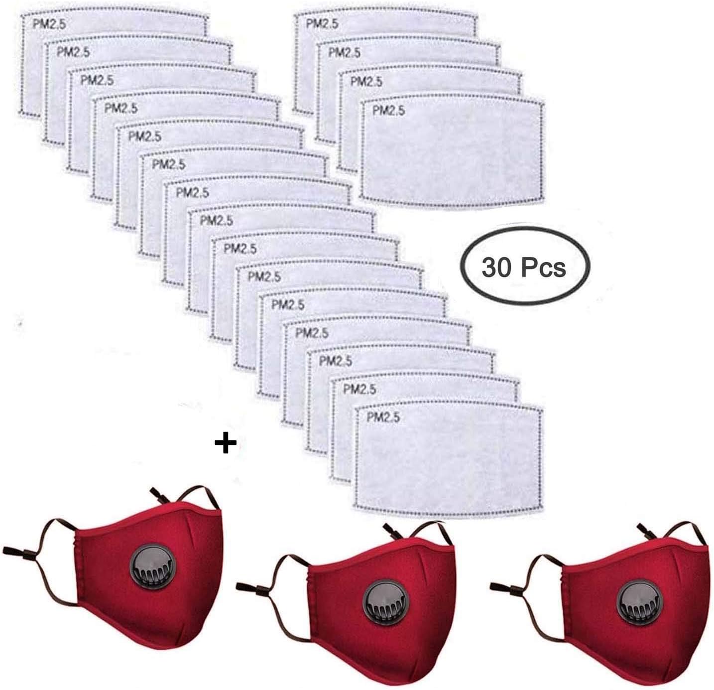 30 Pcs Activated Carbon Filters Meltblown Non-Woven Cloth 5 Layers Filters, 3 Pack (Red) for Women Mens Cotton Adjustable Reusable Breathing Protection