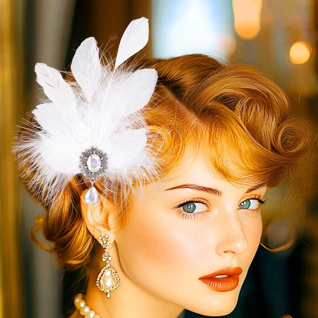 Photo 1 of GENBREE 1920s White Feather Hair Clip Flapper Headpiece Fascinator Accessories for Women