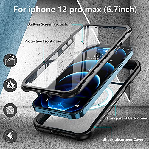 Redpepper for iPhone 12 Pro Max Case with Built-in Screen Protector,Compatible with Magsafe Full Body Heavy Duty Shockproof Case for iPhone 12 Pro Max-6.7inch (Black)