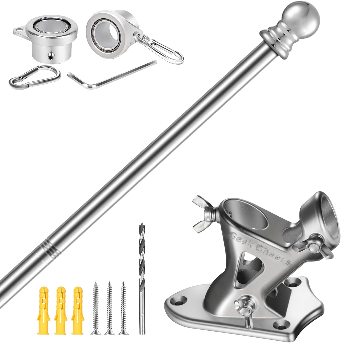 Flagpole Hardware - Geek Cheers T304 Stainless Steel Heavy Duty Flag Pole Kit, 2 Positions for 1