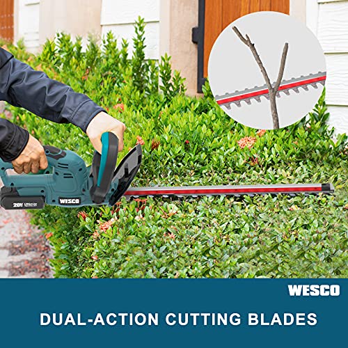 WESCO Cordless Hedge Trimmer, Hedgerow Machine with 18 Lithium-Ion Battery，510 mm Blade Length, 16 mm Tooth Opening, Safety Switch, Anti-Vibration Design, D-Handle, Incl. 2 Ah Battery and Charger