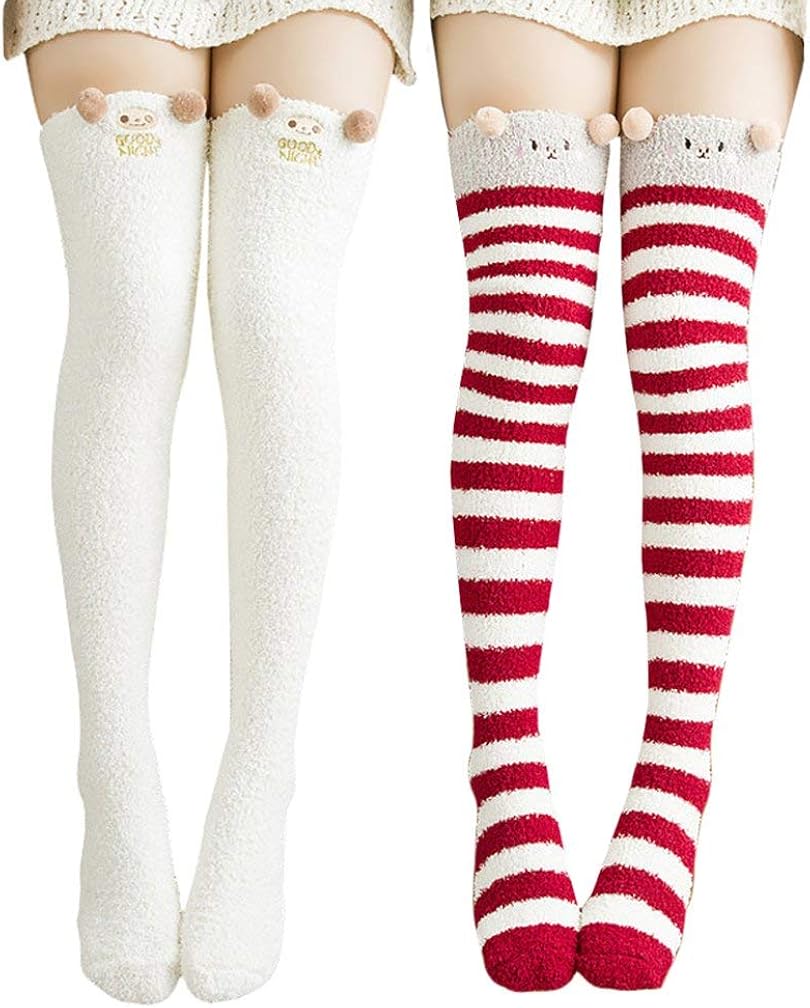 Wander G Womens Over Knee High Fuzzy Socks Cute Cartoon