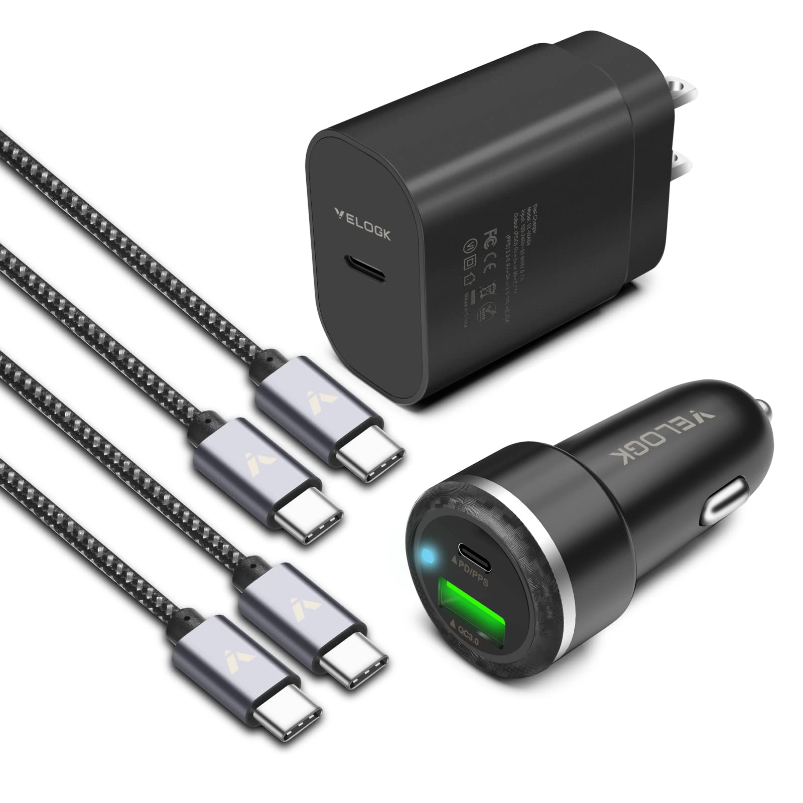 Super Fast Charger Type C Kit, VELOGK 25W PD PPS USB C Wall/Car Charger for Samsung Galaxy S24/S23 Ultra/S23+/S23/S22/S21/S20/Plus/Ultra/FE/Note 20/A71, iPad Pro, with 2X Nylon USB C-to-C Cable(6.6ft)