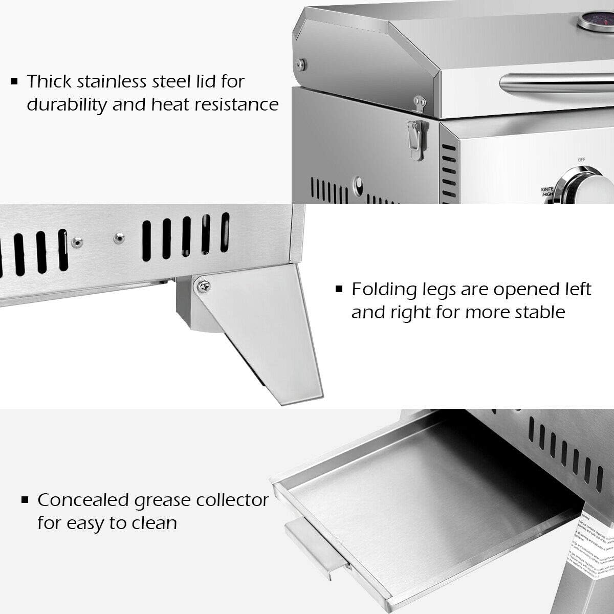 review Giantex Propane Tabletop Gas Grill Stainless Steel Two-Burner BBQ, with Foldable Leg, 20000 BTU, Perfect for Camping, Picnics or Any Outdoor Use, 22” x 18” x 15”, Silver