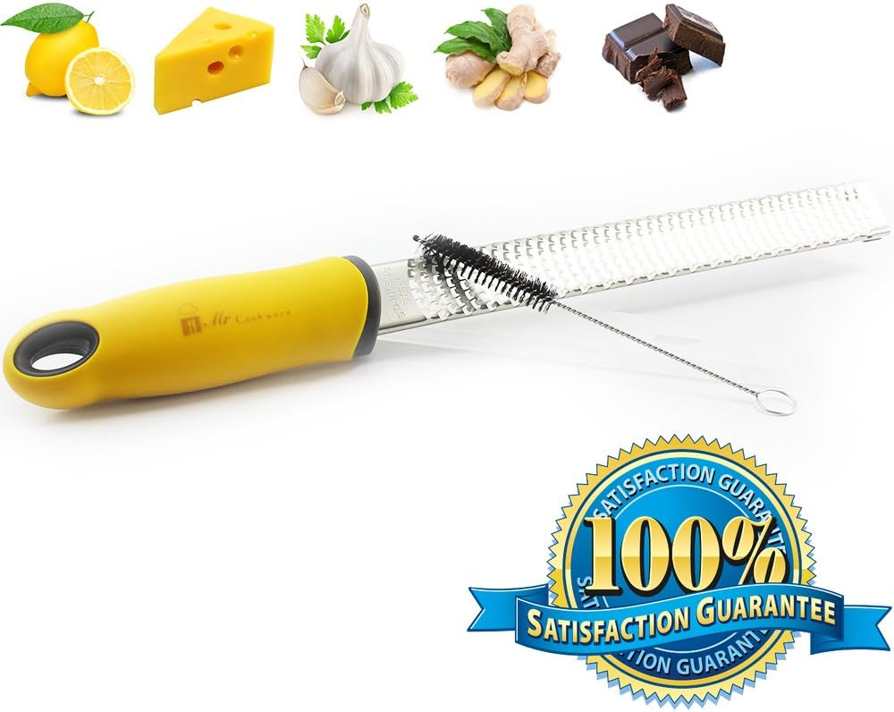 Mr. CookWare Stainless Steel Grater Zester - Cheese, Lemon, Ginger, Garlic, Chocolate - Ergonomic Handle with Rubber Base - Free Cleaning Brush + Protective Cover