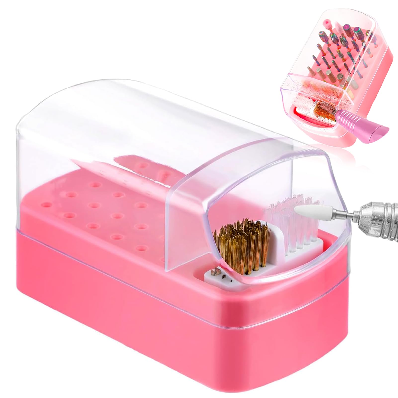 TARSHYRY 30 Holes Nail Drill Bit Holder Washing Brush Case,Dustproof Nail Art Drill Bits Stand Display Storage Box, Stand Display Storage Manicure Tools (Pink)
