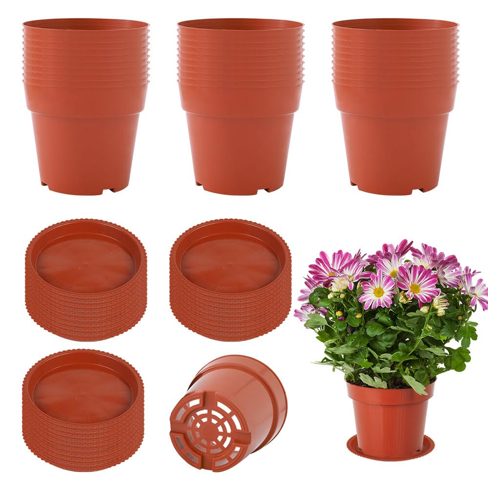 Gobesty 30 Pack 10cm Indoor Plant Pots With Saucers - Plastic Nursery Containers for Herbs, Seedlings, Flowers, Vegetables, Succulents, Cactus, Cuttings, Terracotta