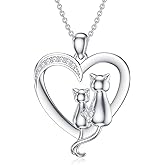 LWXIE Diamond Cat Necklace for Women 925 Sterling Silver Heart Necklace Cute Cat Necklace Animal Diamond Jewelry Gifts for women Wife Girlfriend (0.065 ct t.w)
