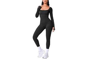 BRXL Long Sleeve Jumpsuit for Women Built-In Bra Workout Yoga Full Body Suits Shapewear One Piece Bodycon Jumpsuits