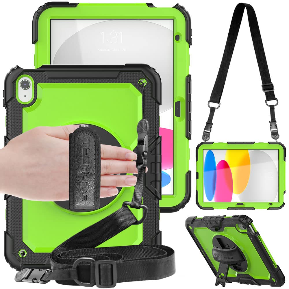TECHGEAR UTILITY Case for iPad 11" A16 (11th Gen 2025) & 10.9" (10th 2022), Rugged Heavy Duty Shockproof Cover Screen Protection, 360 Stand, Hand & Shoulder Strap - for Work, School, Travel etc- Green