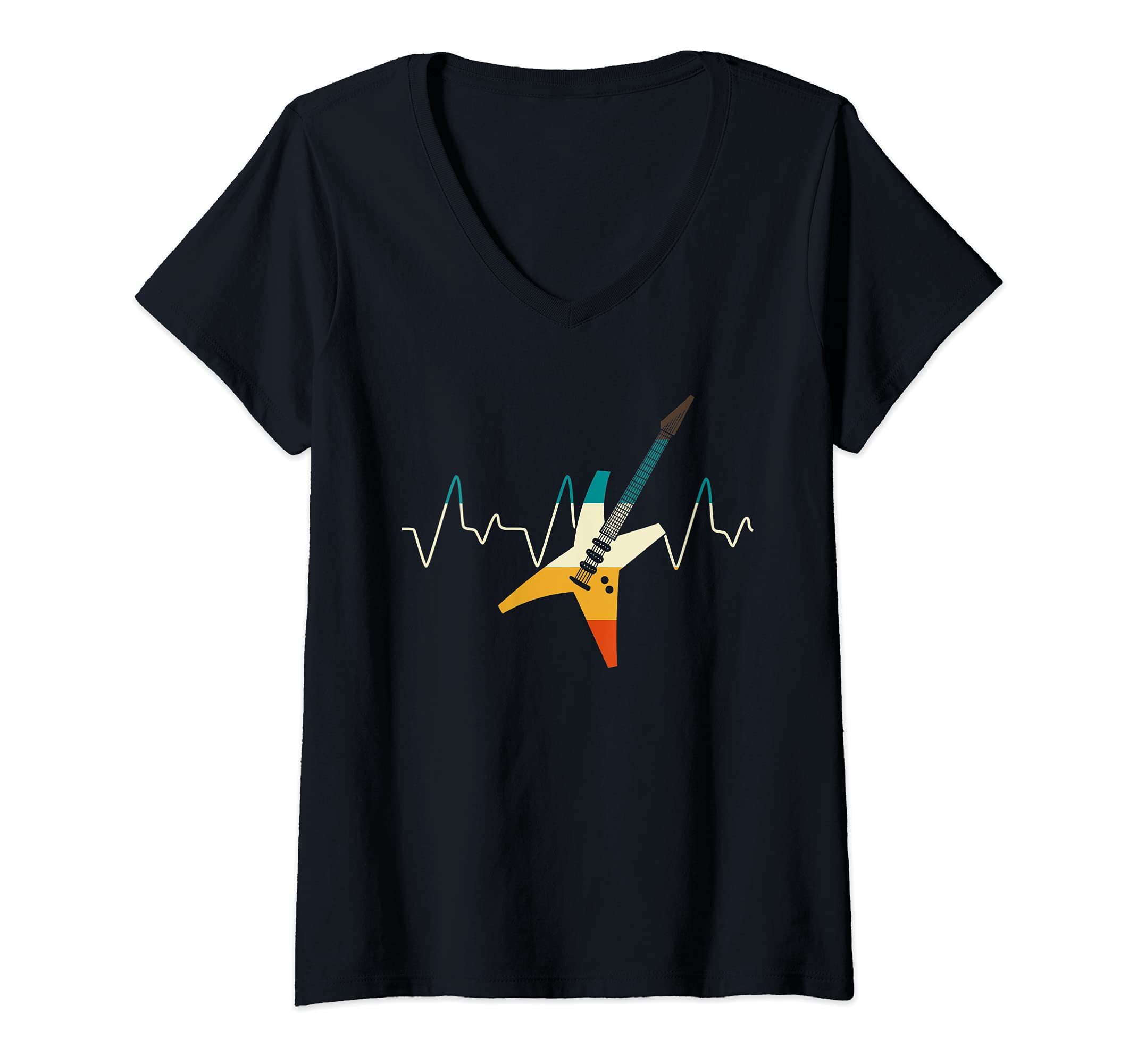 Womens Guitarist Heartbeat Musician Electric Guitar Retro Guitar V-Neck T-Shirt
