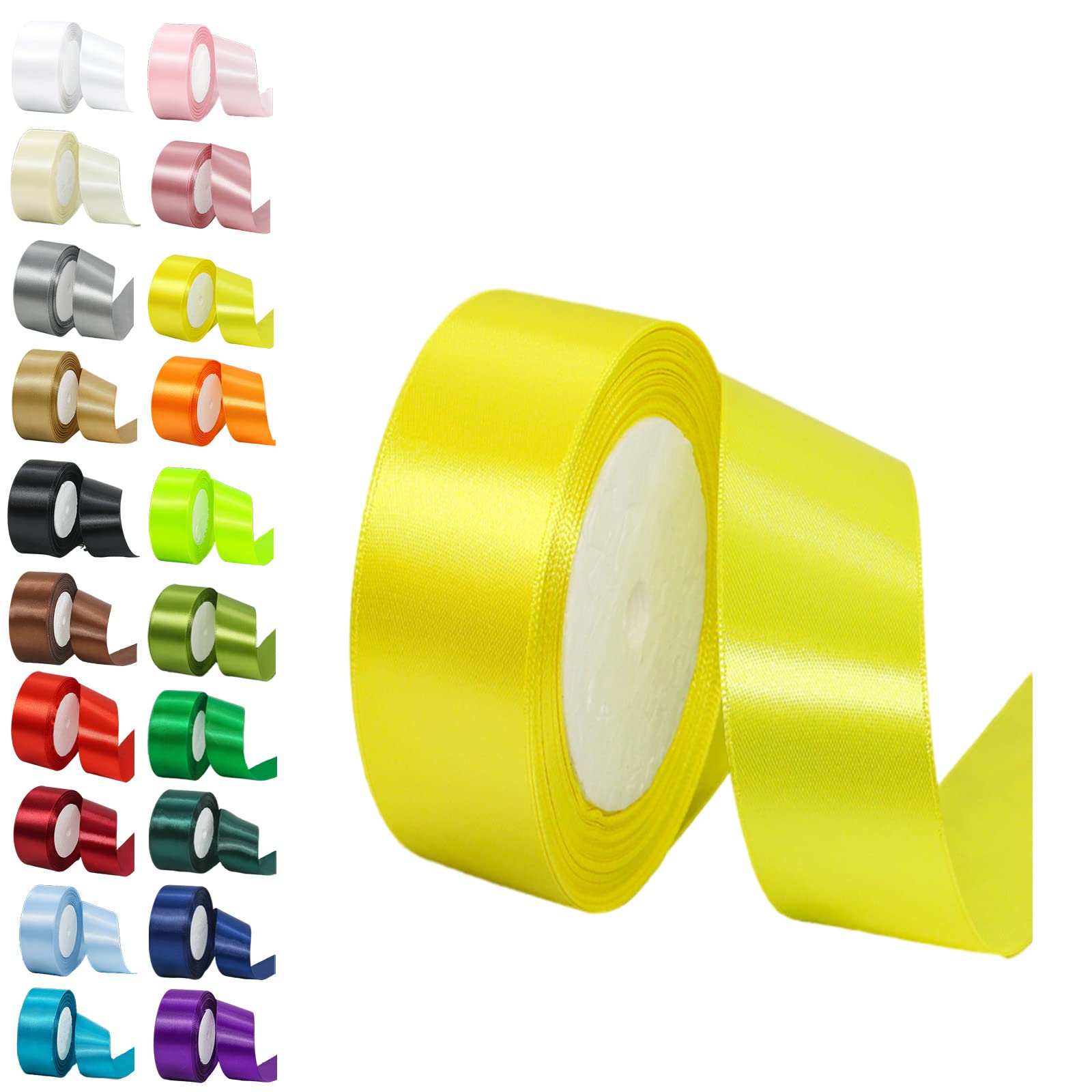Lemon Yellow Ribbon - 40mm Wide, 22M, Double Sided Satin Fabric for Crafting, Gift Wrapping, Wedding, Car, Sewing, Floral, Xmas
