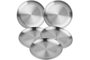 MOUYAT 5 PCS Stainless Steel Plate Set, 13 Inch Round Metal Dinner Plates, Heavy Duty Round Salad Plates Reusable Metal Dinne