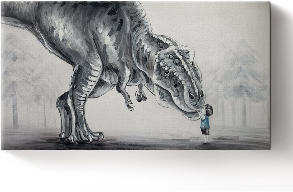 Paintings - Libaoge Hand Painted Lovely Baby Boy Touching Trex Dinosaur in The Forest Oil Painting on Canvas with Wood Frame, Modern Home Wall Decoration Artwork Ready to Hang(16x31.5 inch)