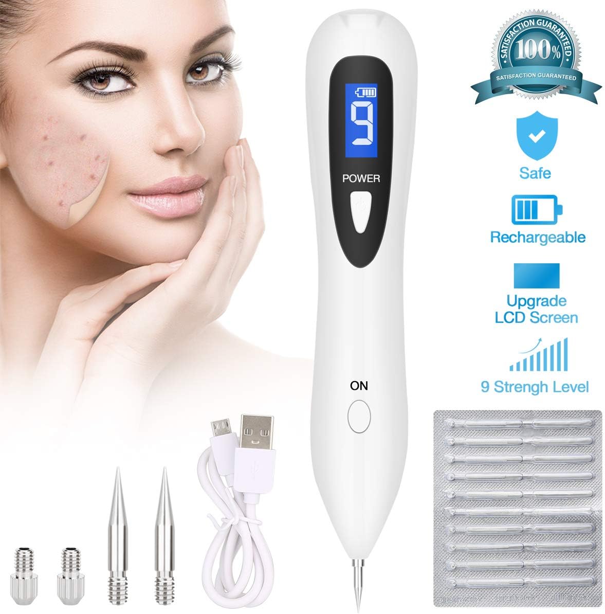 Skin Tag Repair Kit Multi Speed Adjustable Freckle & Tattoo Beauty Equipment Home USB Charging/LCD/10 Replaceable Needles