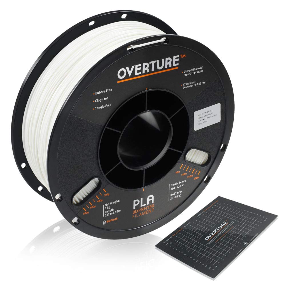 OVERTURE PLA Filament 1.75mm with 3D Build Surface 200mm × 200mm 3D Printer Consumables, 1kg Spool (2.2lbs), Dimensional Accuracy +/- 0.05 mm, Fit Most FDM Printer, White