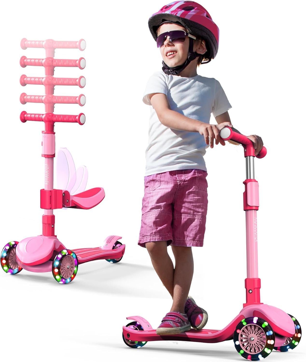Photo 1 of 2-in-1 Adjustable Kick Scooter for Kids 3-5 (Suitable 3-12 Years),5-Level Handlebar & Removable Seat, LED Light-Up Wheels, Wide Deck, Foldable Design for Indoor/Outdoor Use - Girls & Boys, Pink