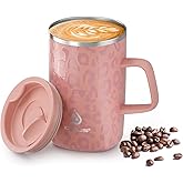 Ideus Vacuum Insulated Coffee Mug, 16oz Reusable Stainless Steel Thermal Double Walled cup with Handle and Slider Lid for Hot & Cold Beverages, BPA Free (Leapord Pink)