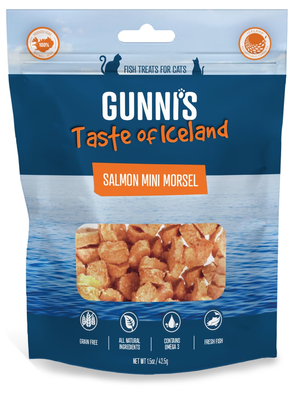 Gunni’s Salmon Mini Morsels | Pure Icelandic fish fillet crunchy treats for cats | Traceable | Omega rich | Sustainable | 100% Natural | Gently dried | 42.5g