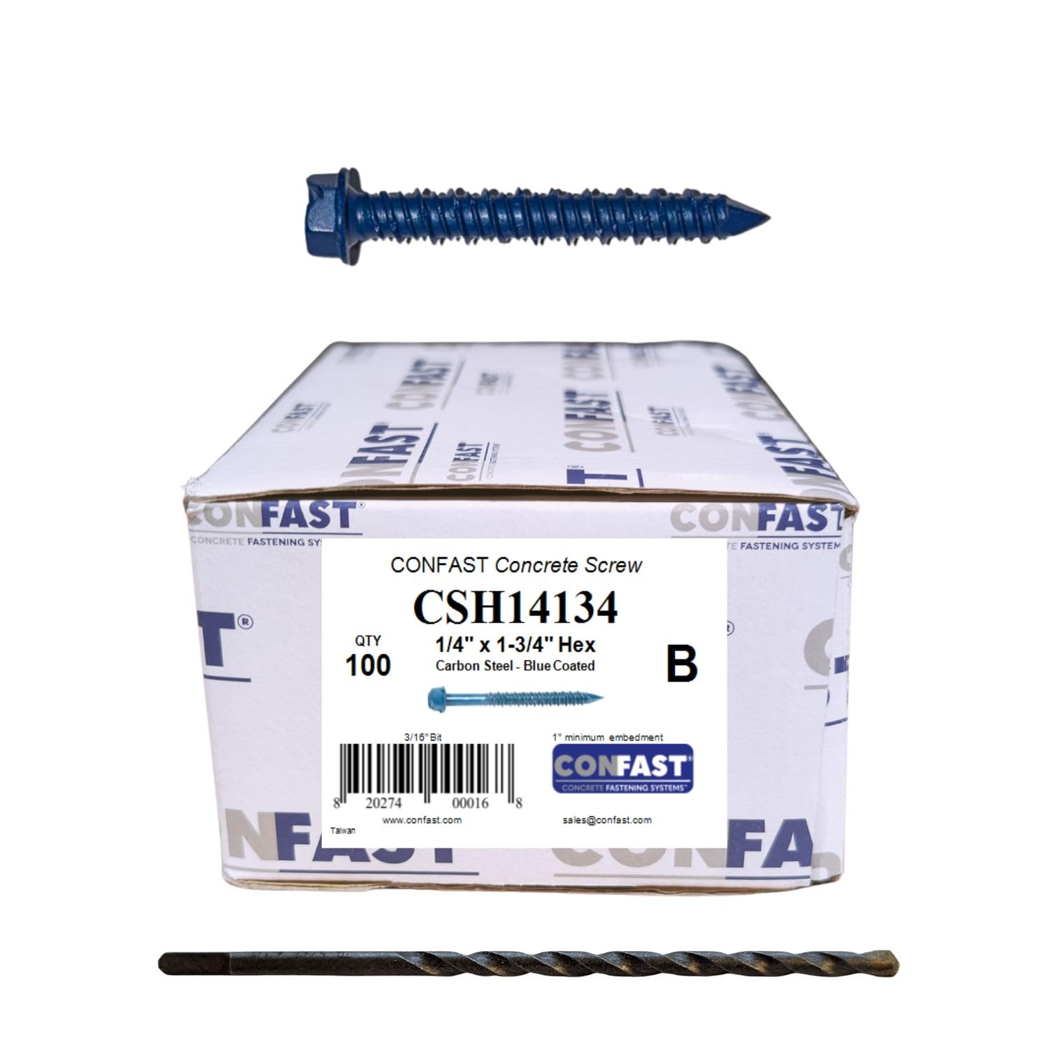 CONFAST 1/4" (6.35mm) x 1-3/4" (44.45mm) Hex Head Concrete Screw Anchor with Drill Bit for Anchoring to Masonry, Block, Brick (100 per Box)