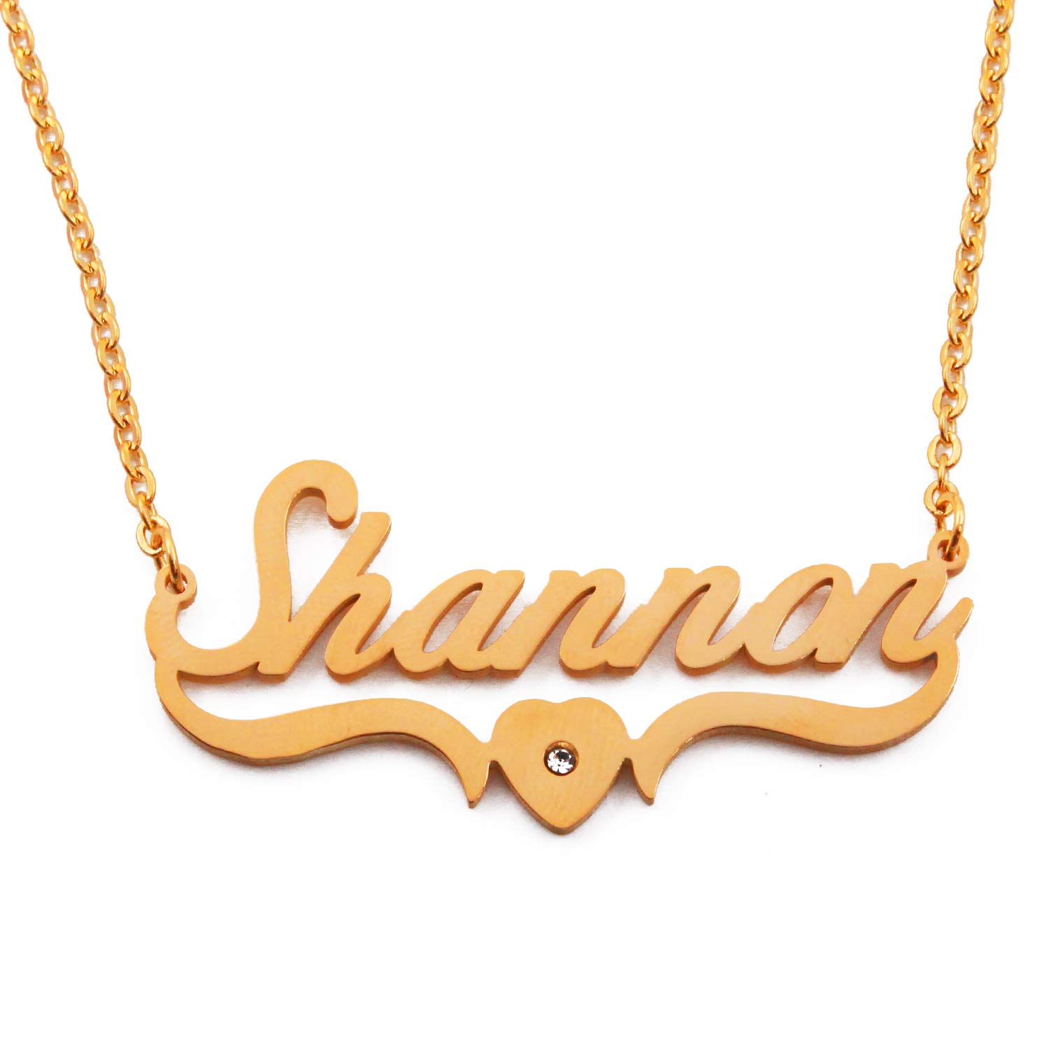 Kigu Shannon Name Necklace Personalised Heart Shaped Gold Plated, Custom Dainty Name Pendants, Jewellery for Ladies, Girlfriend, Mother, Sister, Friends Inc Bag & Box