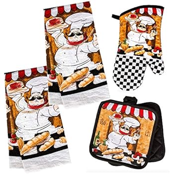 Chef Themed Kitchen Towel Set with 2 Quilted Pot Holders, 2 Dish Towels and 1 Oven Mitt