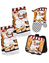 Chef Themed Kitchen Towel Set with 2 Quilted Pot Holders, 2 Dish Towels and 1 Oven Mitt