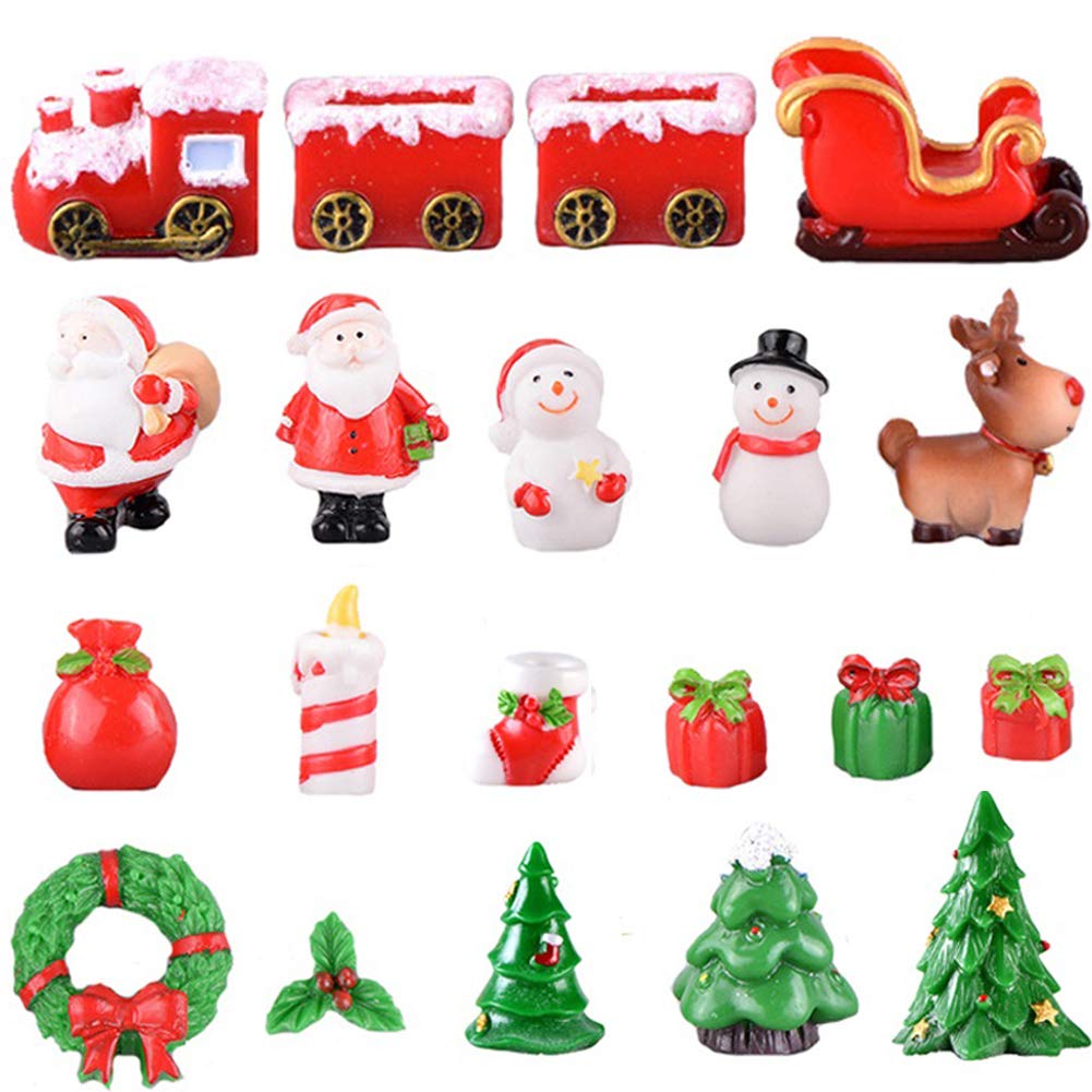 Miniature Garden Ornaments, 20 Pcs Resin Christmas Train Ornaments Garden Table Decorations Christmas Tree Snowman Santa Reindeer Train Sleigh Mini Fairy Garden Figurines for Bonsai Dollhouse Desktop