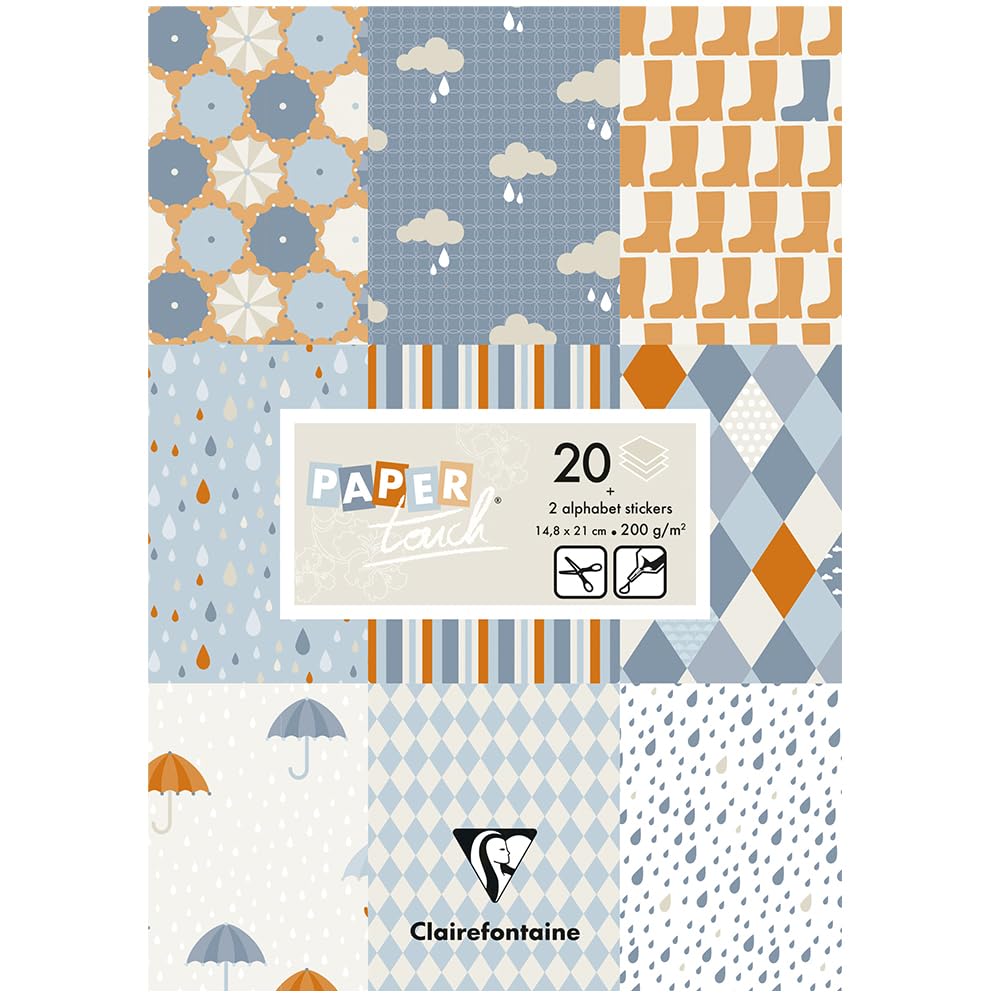 Clairefontaine 95241C - Pad of 20 Motif Sheets 200g Cardstock Alphabet Stickers Cut-Out Labels A5 format (14,8x21cm) Creative Leisure Scrapbooking Paper Rain
