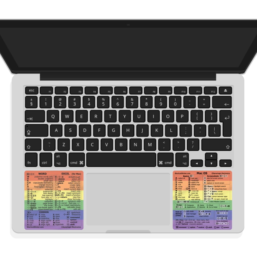 Synerlogic (5 Sets) Mac OS + Word/Excel (for Mac) Shortcuts, Laminated Vinyl Stickers - for MacBook Air/Pro/iMac/Mini (Rainbow/5)