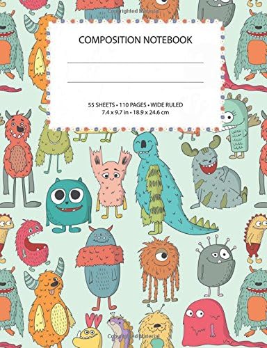 Colorful Cute Monsters Composition Notebook: Wide Ruled, 55 sheets / 110 pages, 7.4" x 9.7" for School,Personal or Office Use