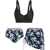 DRESSFO Gothic Skull Bikini Set 3 Piece Bathing Suit | High Waisted Bikini Sets,Cover Up Tankini,Retro Swimsuit, Padded Tummy Control,High waist Bathing Suit