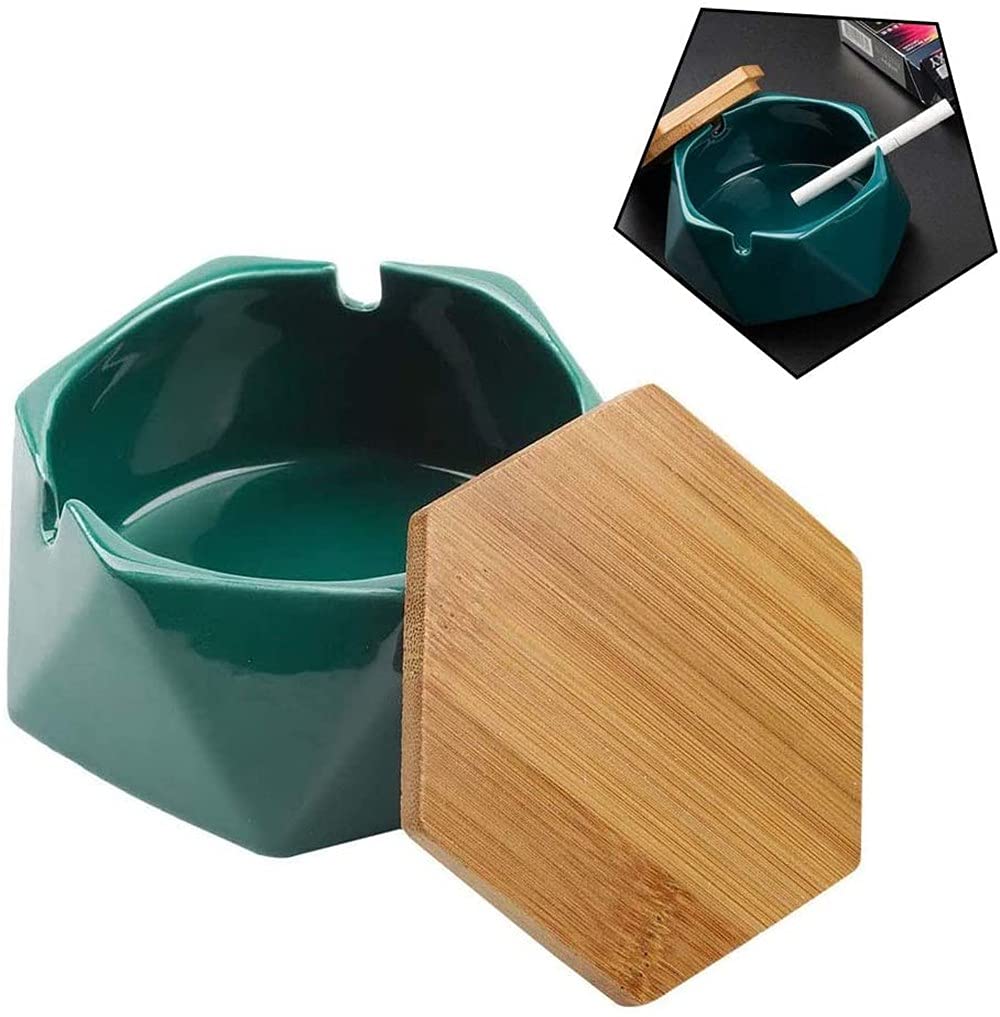 LATRAT Ceramic Ashtray with Lid, Geometric Simplicity, Windproof, Hexagonal, 9.8 x 5.4 cm, Green