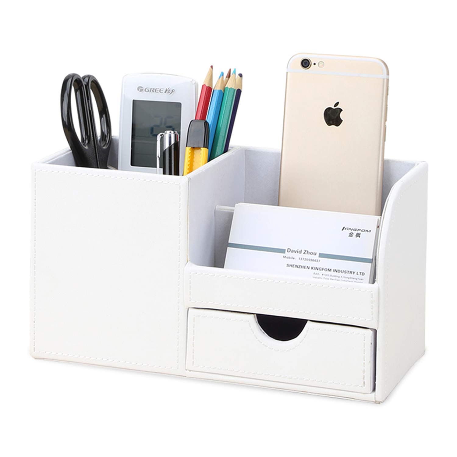 KINGFOM Desk Organiser Tidy Caddy Leather Pen Pencil Pots Holder Stationery Storage Office Desktop Supplies Organisers with Drawer White